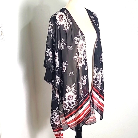 Beautiful Chiffon Black Kimono with White Flowers & Red Striped Hem, OS - Picture 2 of 9